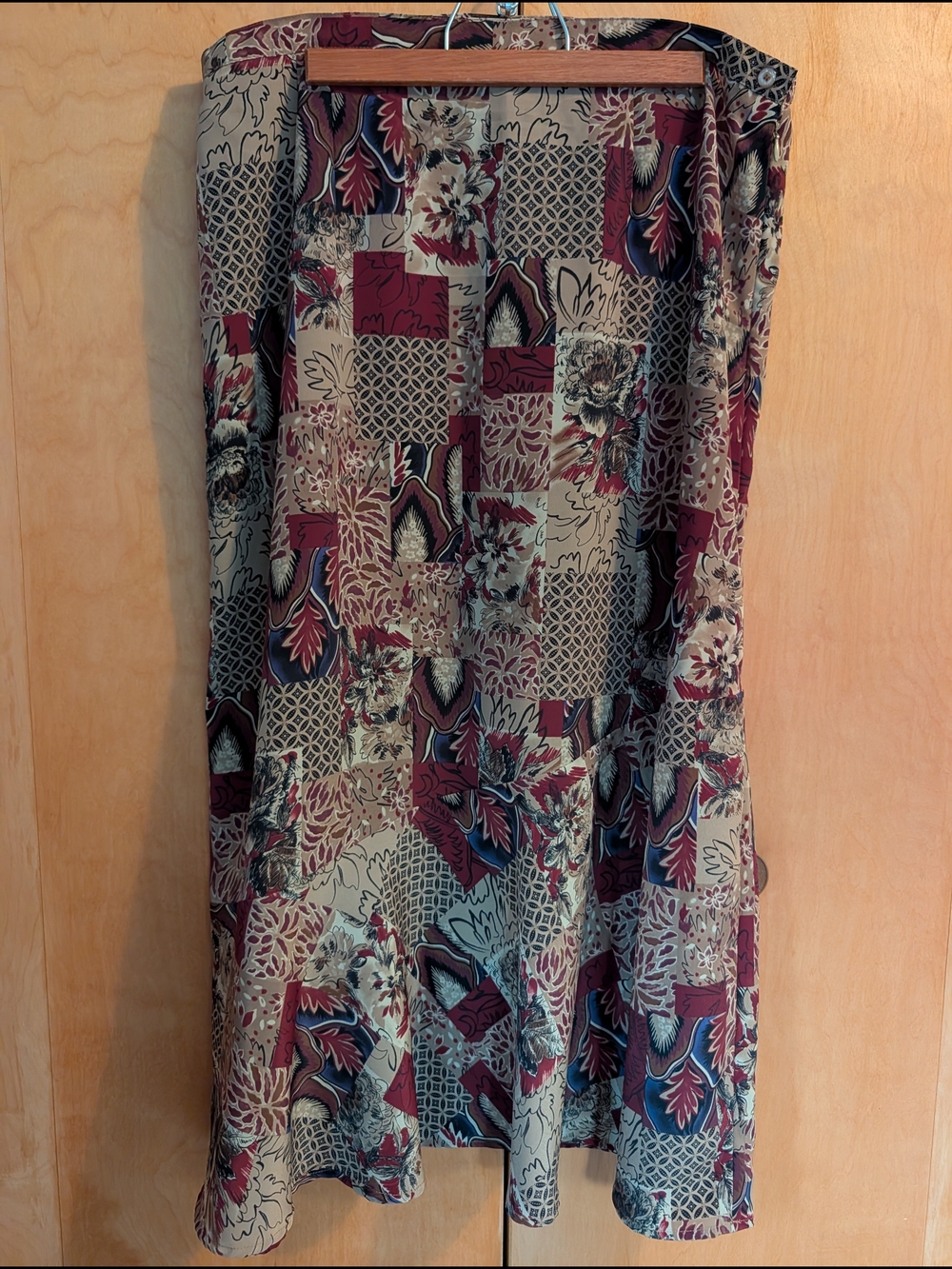 Vintage Sag Harbor Large Burgundy and Cream Patchwork Maxi Skirt